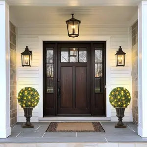 16inch Pre-Lit Faux Boxwood Balls with Sturdy Pot Base,Artificial Topiary Trees 2 Pack for Outdoor,UV Resistant & Waterproof Fake Greenery Plants Ball Tree for Front Porch Garden Home Decor