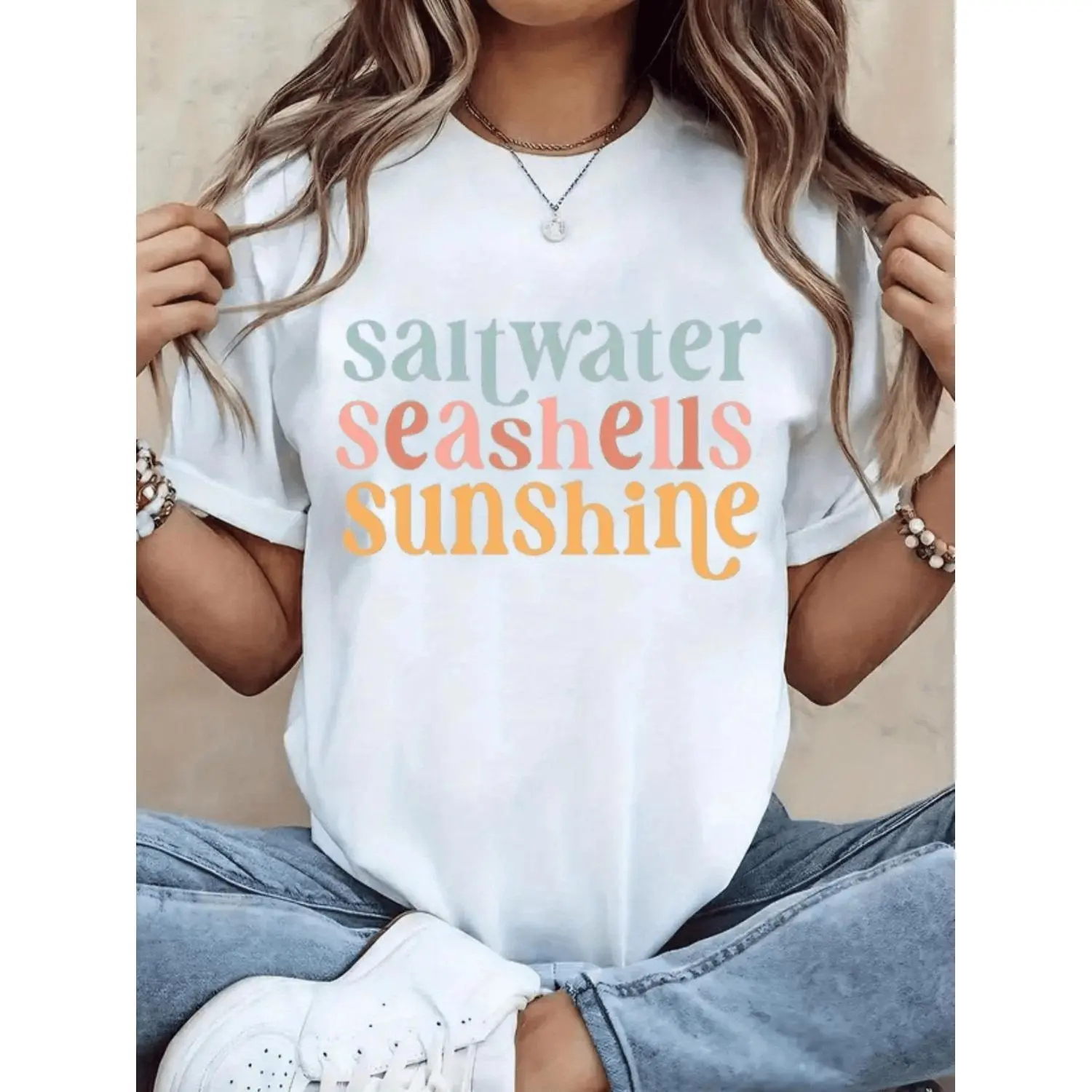 Women's Casual Short-Sleeve Round Neck T-Shirt - 100% Cotton Seashell Print Crewneck Top, Breathable Loose Fit with Drop Shoulders, Pastel Coastal Aesthetic for Summer, Women's Clothes, Shortsleeve, Tshirt
