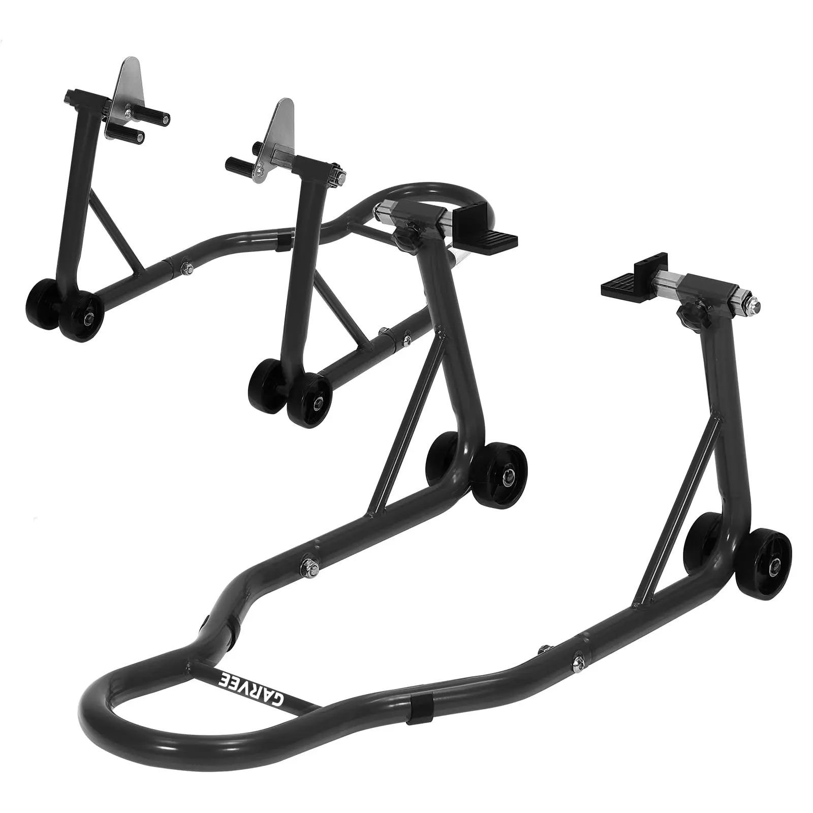Black Motorcycle Stands Front and Rear, 900 LB Heavy Duty Front & Rear Wheel Lift Combo with Prong Adapters+L Adjustable Swingarm Spool, Universal Paddock Stands for Most Motorcycles