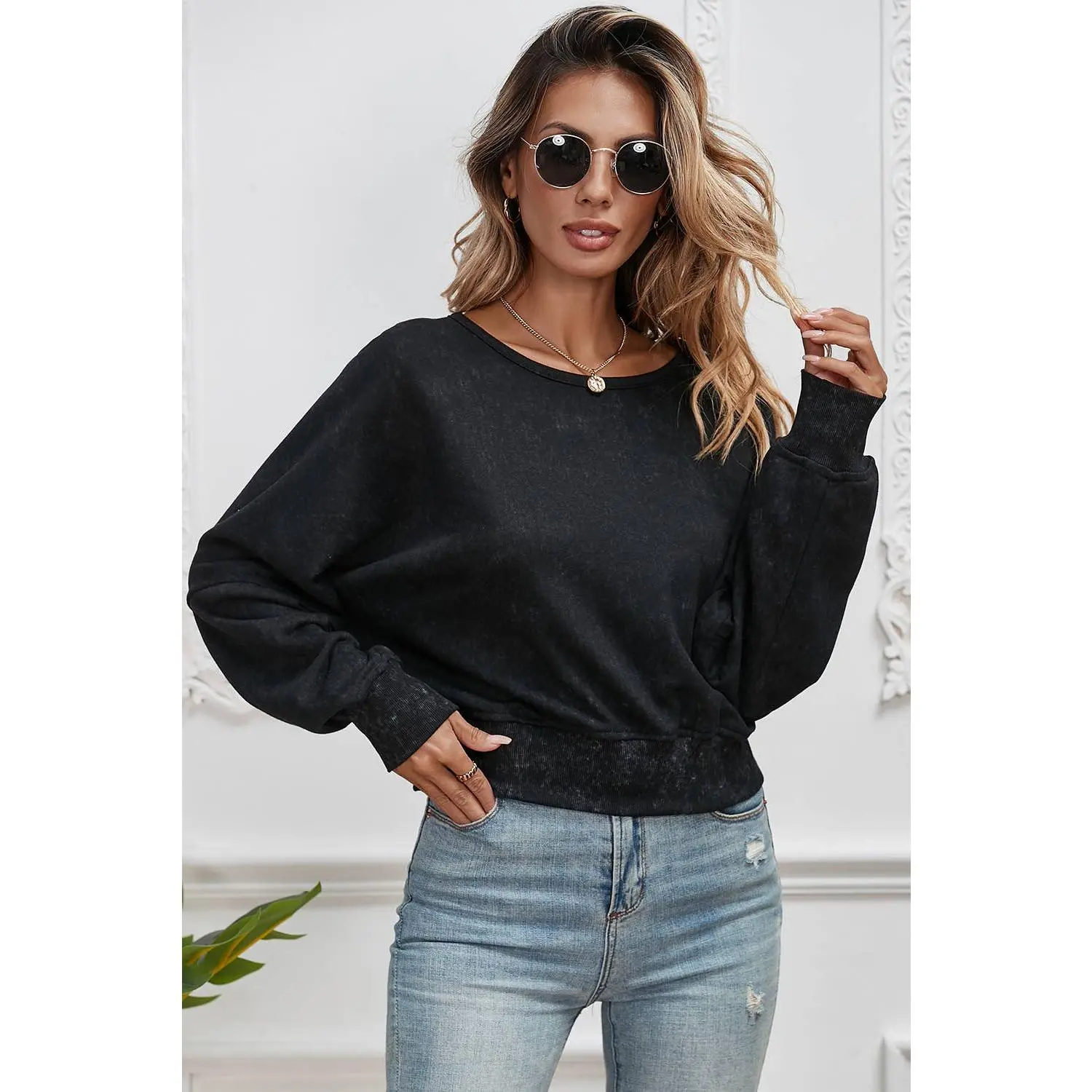 Acid Wash V-shape Open Back Sweatshirt by