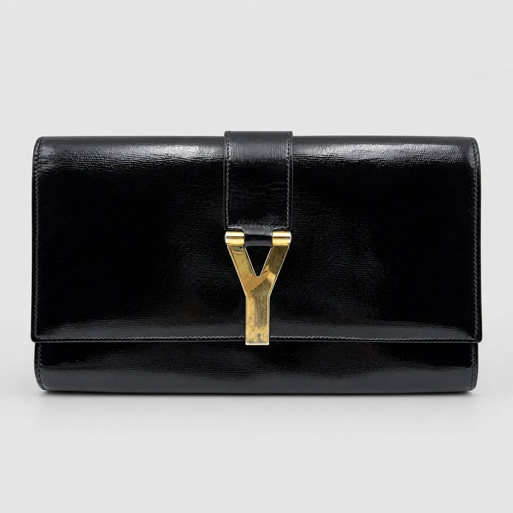 Pre-owned Yves Saint Laurent H5 Top Handle Bag Black Patent Leather, Y Shaped Metal Clasp, Style H22106, Y Shaped Clasp