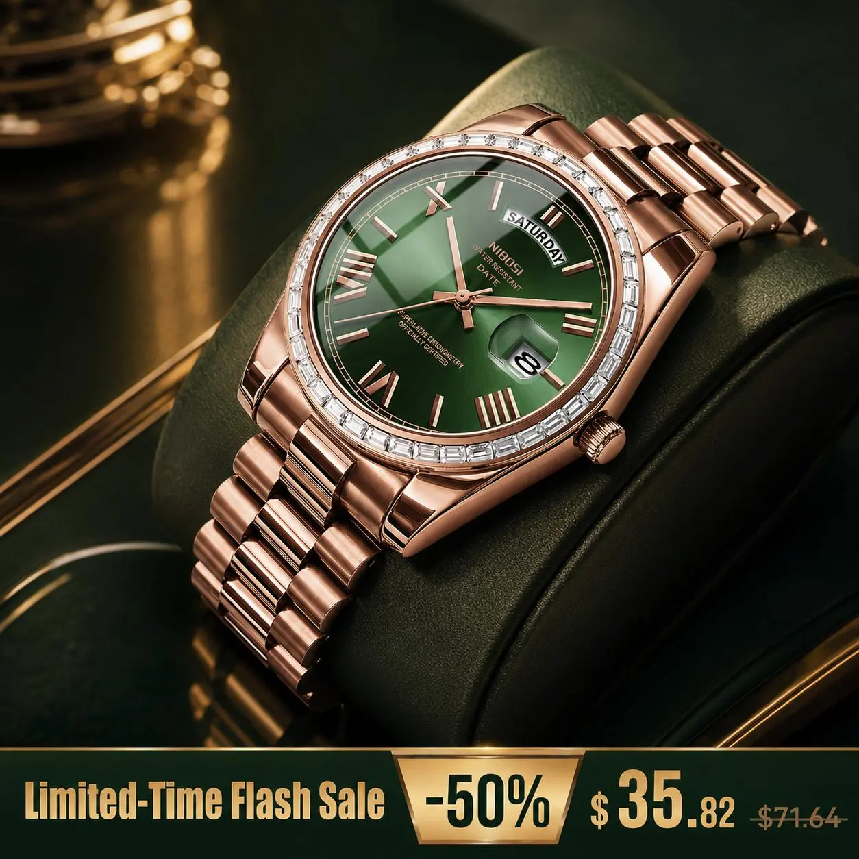 Men’s Premium Business Watch, Crystal-Set Bezel, Stainless Steel Bracelet, Quartz Movement, Day Date Function, Luxury Men’s Accessories