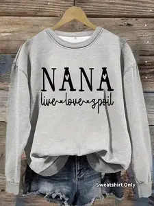 Women's Casual Graphic Nana Pattern Pullover Sweatshirt, Soft Long Sleeve Round Neck, Fitted, All-Season Comfort, Durable Fabric, Womenswear