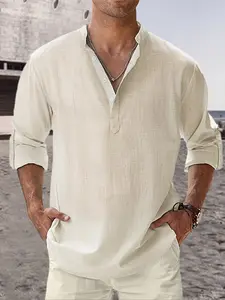 Men's Beige Linen-Feel 2-Piece Homewear Loungewear Set - Henley Band Collar 3/4 Sleeve Shirt & Drawstring Pants, Breathable Fabric, Relaxed Fit, Loose for At-Home Lounging, Yoga & Casual Outings, Menswear