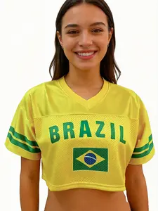 Women's Brazil 2026 World Cup Crop Top, V-Neck Short Sleeve Mesh Football Fan Shirt, Yellow Green Brazil Flag Print Cropped Jersey for Game Day & Streetwear, Athletic Activewear, Sports Top