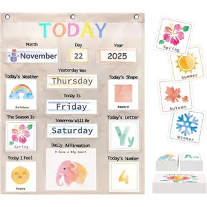 Daily Morning Board Circle Time Calendar Weather Seasons Pocket Chart, Toddler Preschool Homeschool Morning Activity Pastel Design