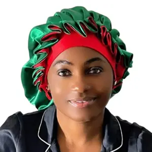 Green on Red Chexxl 3in1 Reversible Silk Satin Bonnet for Sleeping - Double Layer Satin Hair Bonnet Hair Band for Women with Curly and Afro Hair Haircare Luxury Elastic Gift Smooth Heatless