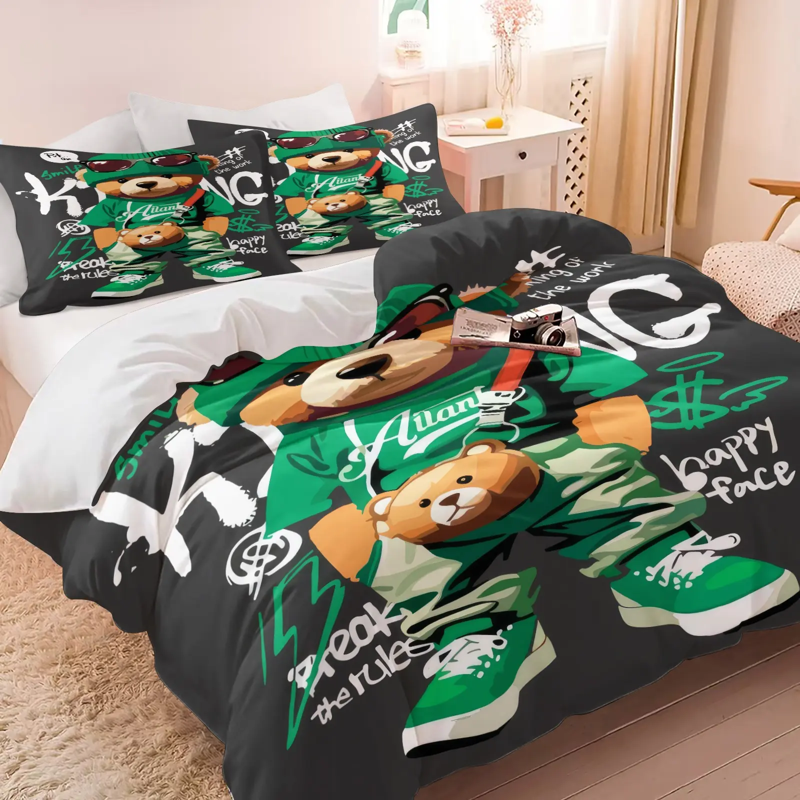 2/3Pcs Cool Streetwear Teddy Bear Duvet Cover Set, No Filler Comforter Cover, Hip Hop Graffiti Bear Bedding Set with Pillowcases, Stylish Bedding for Boys Teens Bedroom, Urban Street Style Bedding, Bed Sets Supplies