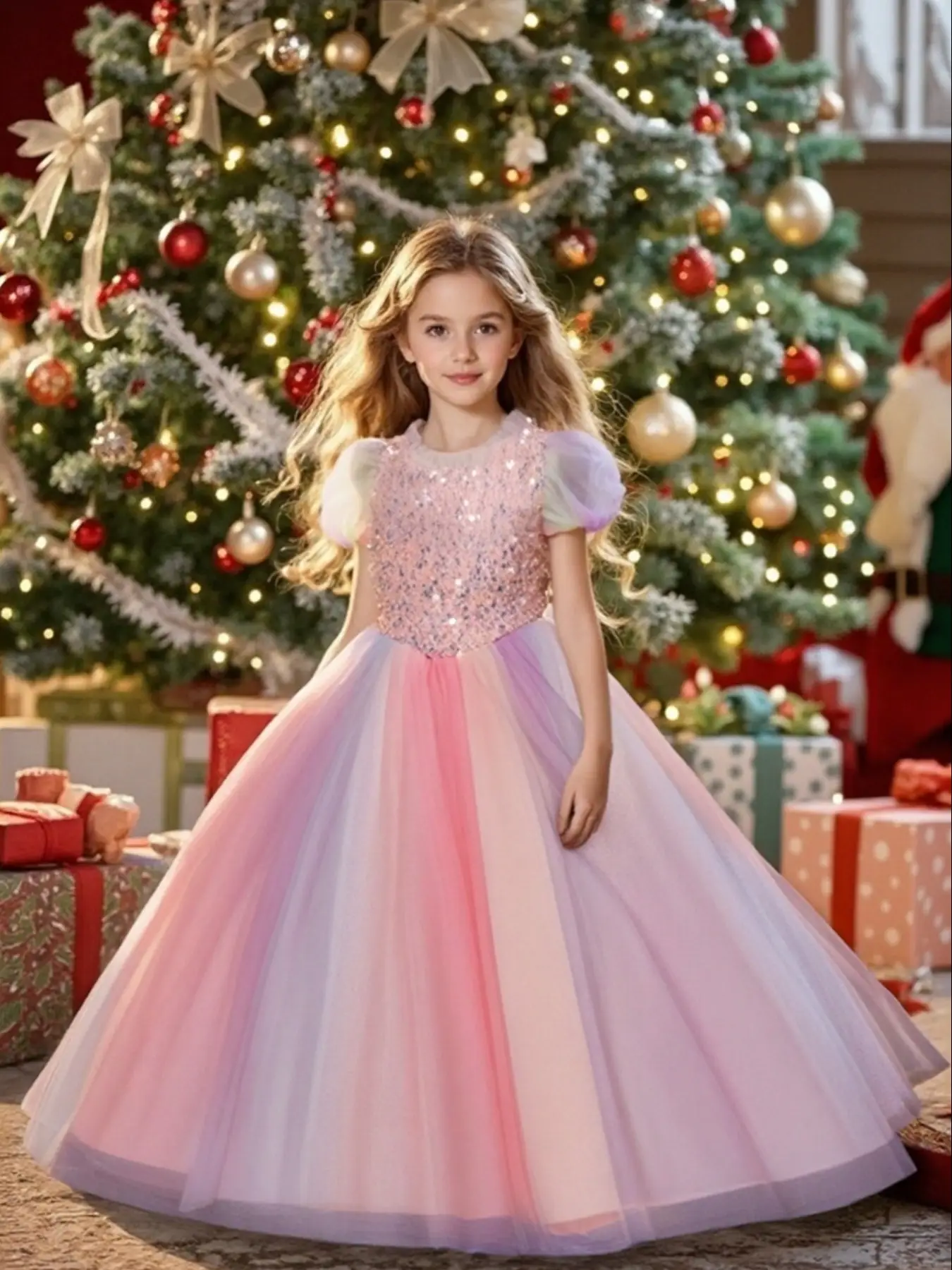 Girls' Colorful Sequined Mesh Princess Dress, Perfect for Halloween & Christmas Parties, Weddings, Birthdays, Formal Events