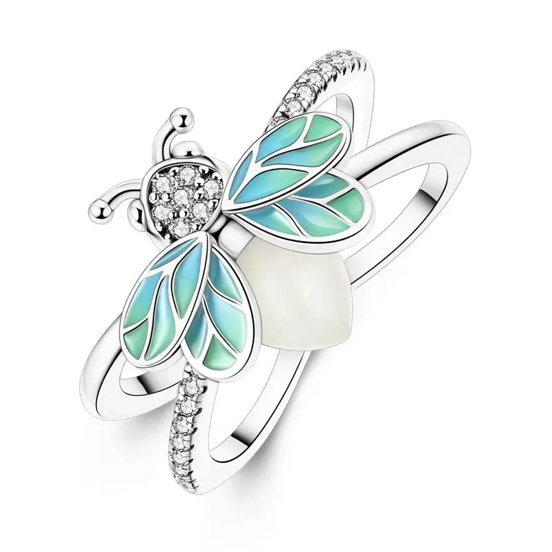 LAZA Glow-in-the-dark Firefly Ring, Silver, Glow-in-the-dark Beads, Zircon and Color-changing Enamel, Fluorescent Jewelry Inspired by Insects, Gift for Nature Lovers, Fashion Jewelry for Women