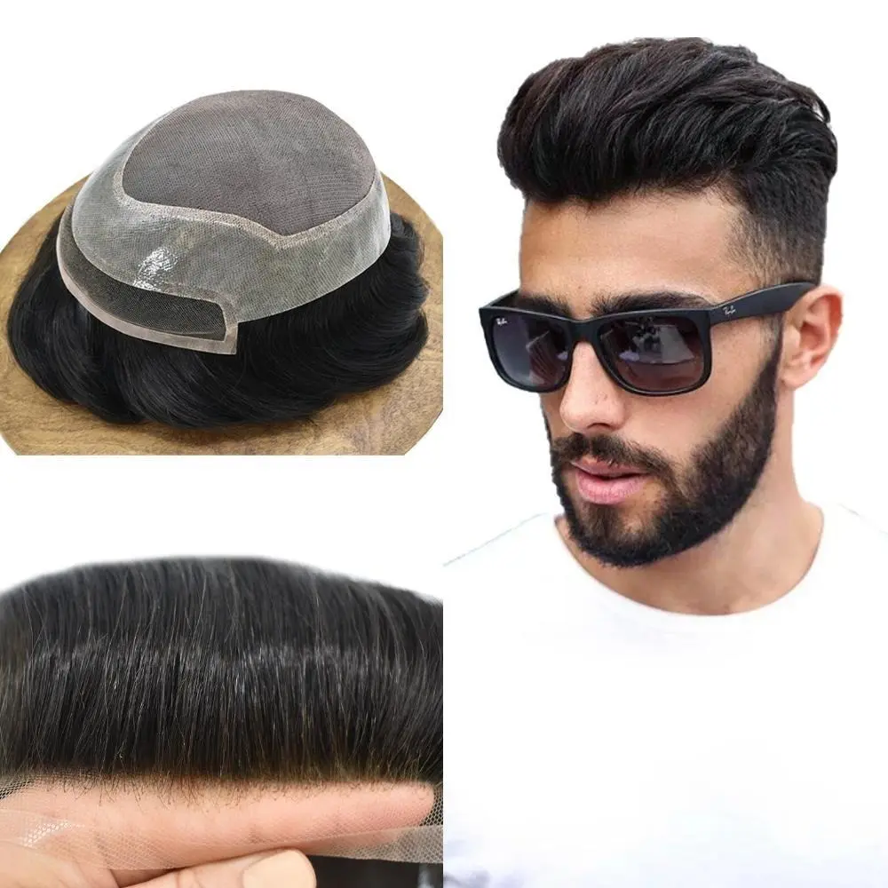 Swiss Lace Hair System For Men Remy Human Hair Mens Toupee Hairpieces Bleached Knots Natural Hairline Fine Mono Center with Transparent Poly Skin Protesis Capilar Hombre