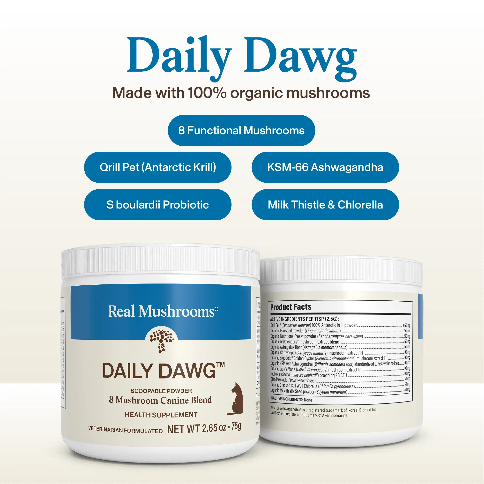 Real Mushrooms Daily Dawg Powder | Organic Mushroom Blend with Herbs and Minerals | Vet Formulated Dr Rob Silver DVM | NASC Certified | Meal Topper | 75g 30 Servings