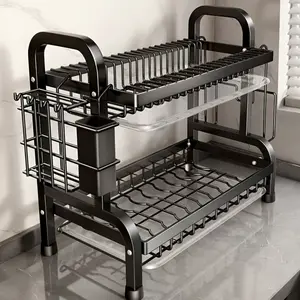 Double-layer stainless steel kitchen dish rack, Dish drainer organizer, including a cutlery rack, a knife holder, and a chopping board rack - a countertop organizer, capable of storing plates, bowls, and tableware, Kitchen Utensils Holder