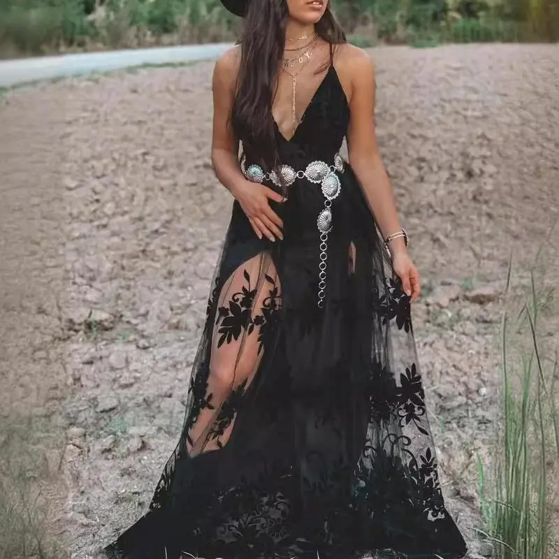 Womens Formal Dresses Deep V-Neck Embroidered Lace Mesh Evening Party Prom Dress Long Wedding Dress