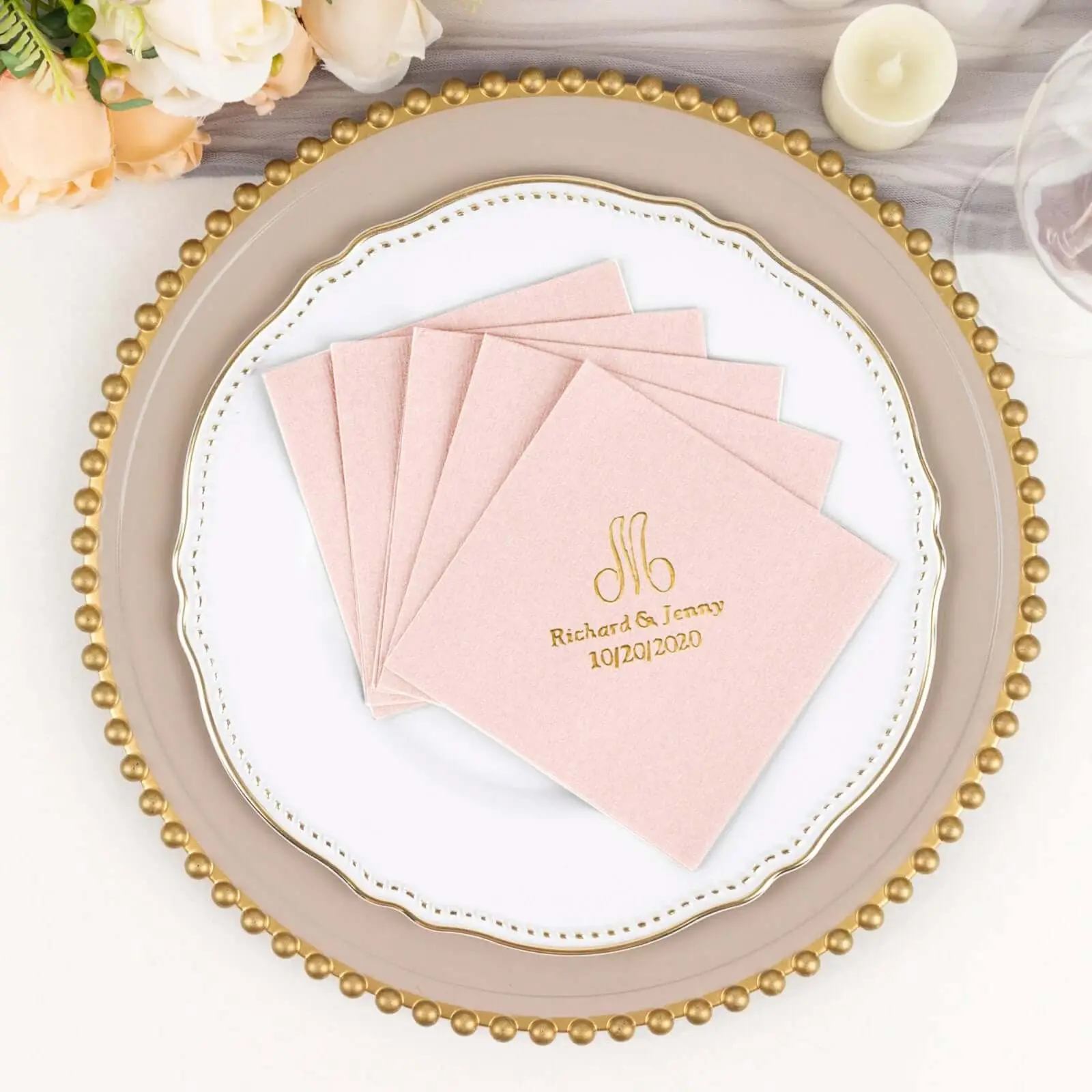 Disposable Soft Airlaid Paper Beverage Napkins (100-Pack) - Personalized Monogram Print, Custom Letters, Highly Absorbent Tableware for Happy Birthday, Wedding Party, Bulk Napkins