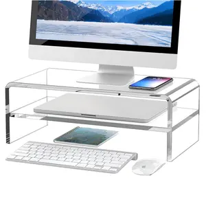 Clear Acrylic 2 Tier Monitor Stand Riser for Multi Media PC Laptop Computer Desk Organizer Shelf
