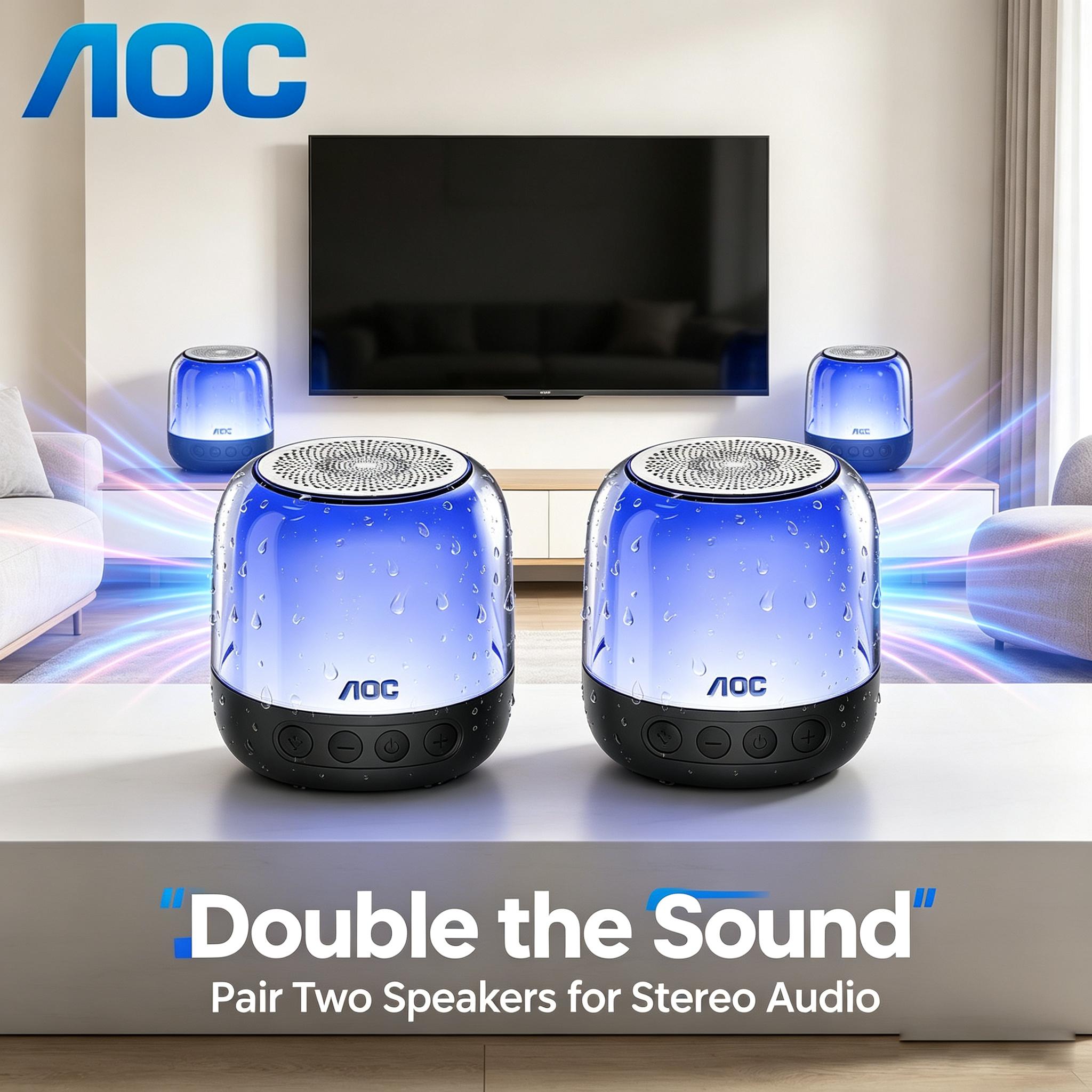 AOC Portable Bluetooth Speaker RGB Lighting, IPX5 Waterproof & 12H Battery Life
