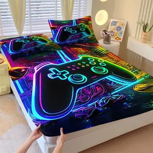 3Pcs Cyberpunk Neon Video Game Controller Fitted Sheet Set, Vibrant Glowing Circuit Design, High-Tech Soft Bedding for Gamers, Perfect for Modern Bedroom Aesthetic and Energetic Decor, Create an Electric Atmosphere, No Pillow Core