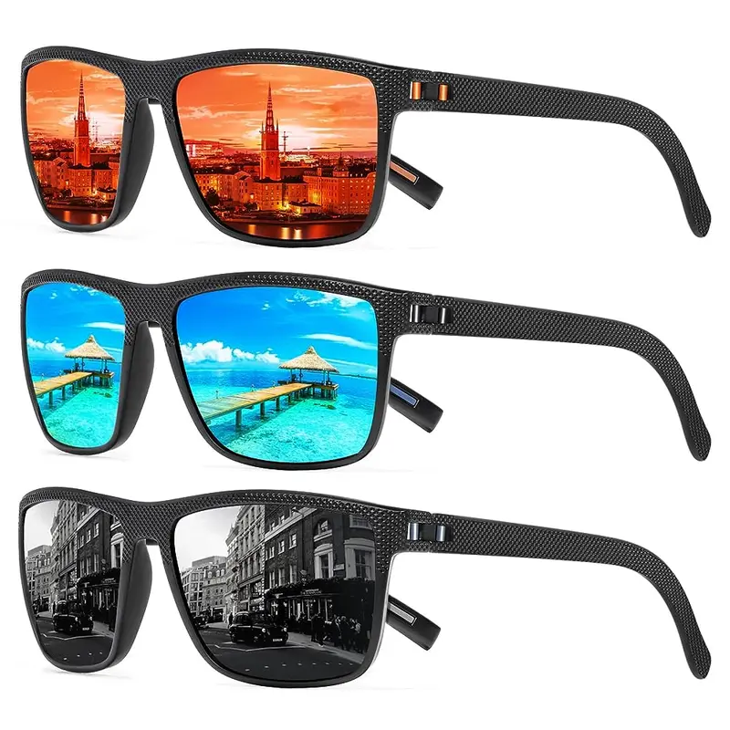 TURBOPEP 3-Pack Unisex Square High Quality Sunglasses - Lightweight Frame, HD Polarized TAC Lens, Anti-UV, Adjustable, Hypoallergenic Fit, Sunglasses for Women, Fishing, Gifts for Him, Mens Gifts