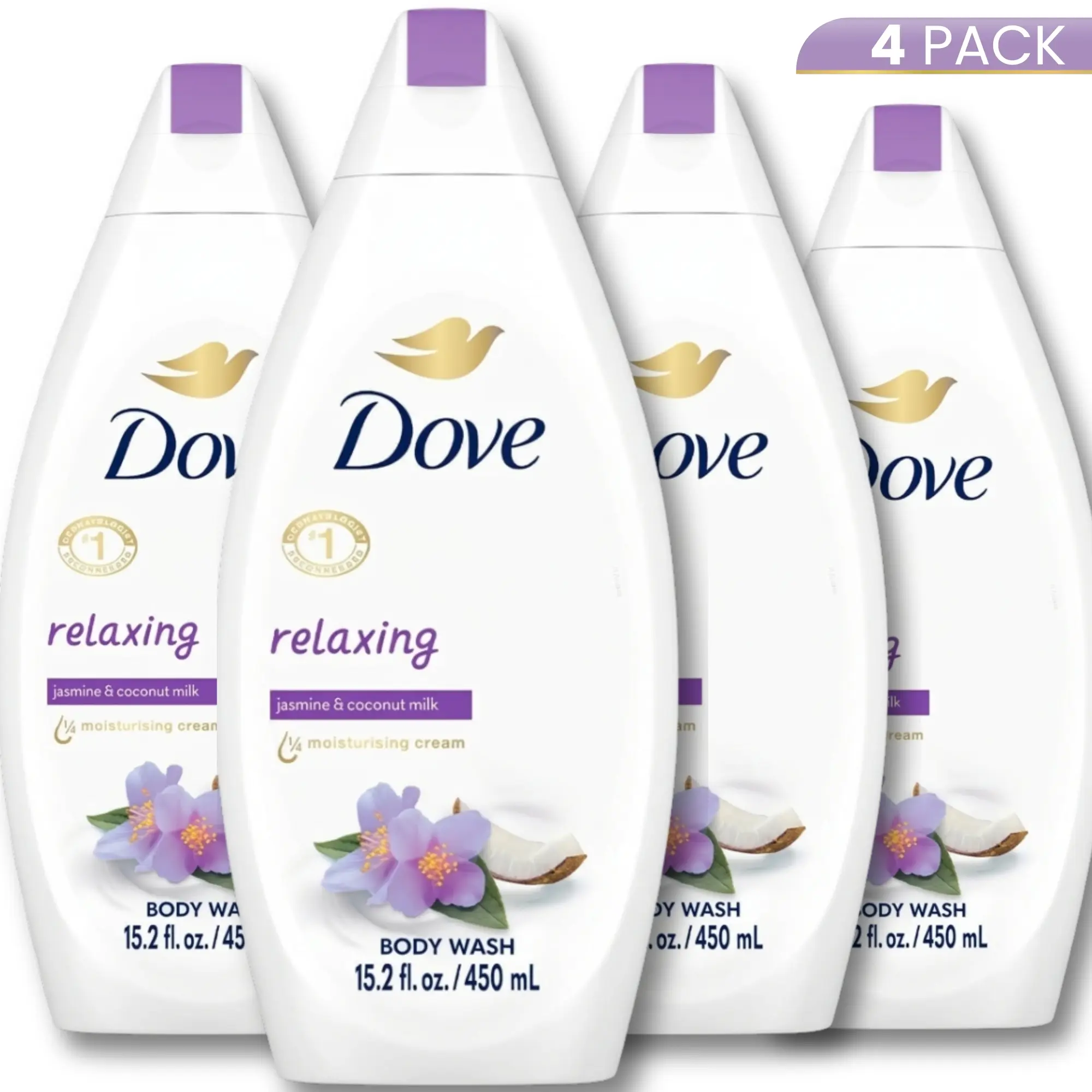 Dove Body Wash, Hydrating Plant-Based Cleanser with Rich Cream Lather, Relaxing Jasmine & Coconut Milk Scent, Daily Bath Moisturizer, 450ml, 4 Pack, Shower Routine, Hydrates Skin, Jasmine Coconuts