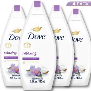 Dove Body Wash Relaxing Jasmine & Coconut Milk (4 Pack) 15.2oz / 450ml -  1/4 Moisturizing Cream & Plant Based