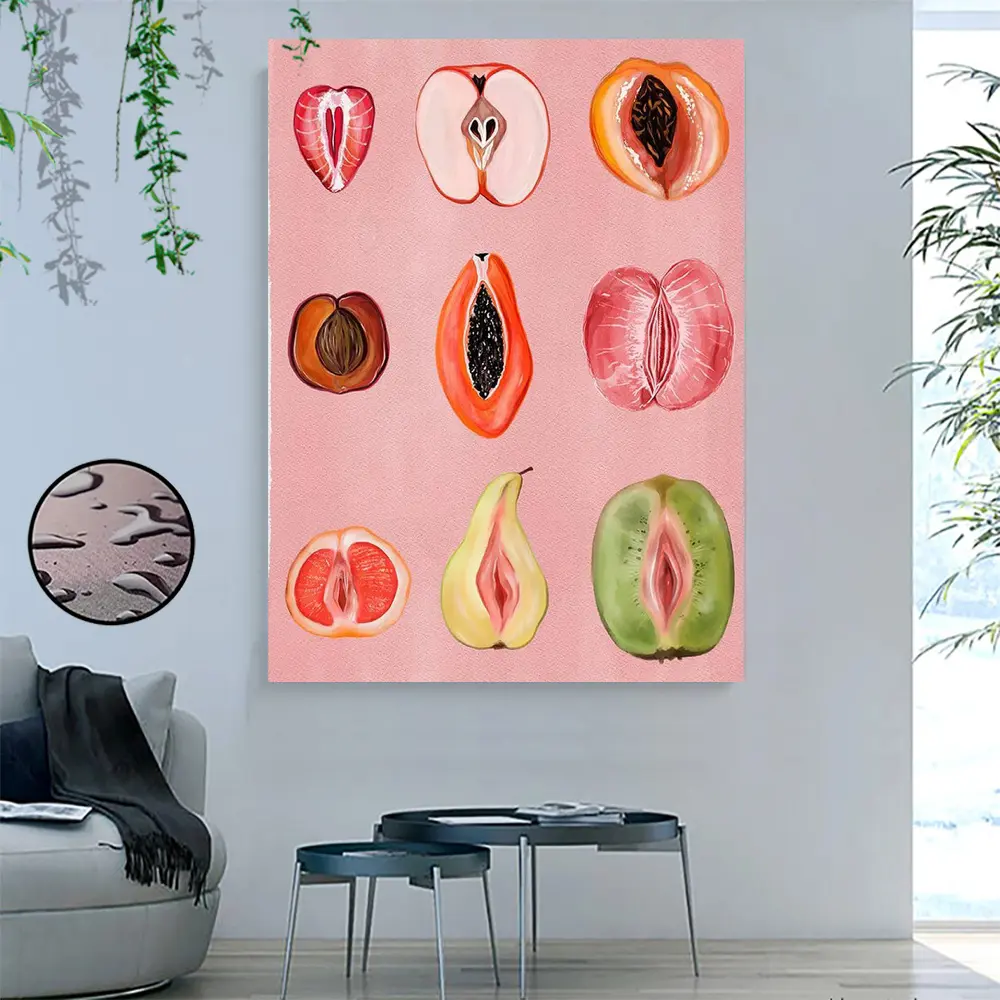1 pc Unframed Pink Fruit Wall Art Vintage Fruity Sliced Food Poster Funky Sliced Feminine Canvas painting  Wall Art Prints Poster Wall Picture Decor for Home Gifts, living room, bathroom, bedroom, kitchen rimless