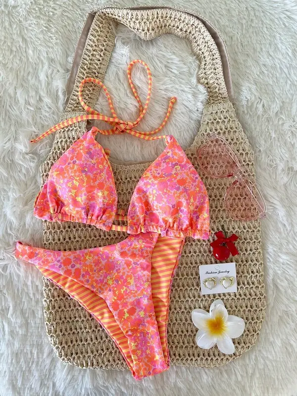 Women's Two-Piece Bikini Swimsuit Set, Floral Print Swimsuits, Printed Bikini, Beach Bikinis, Vacation Beachwear, Comfortable Fit, Sexy Tie-Neck Ditsy Floral Stripe Design, Ideal for Pool Parties, Swimsuit Summer