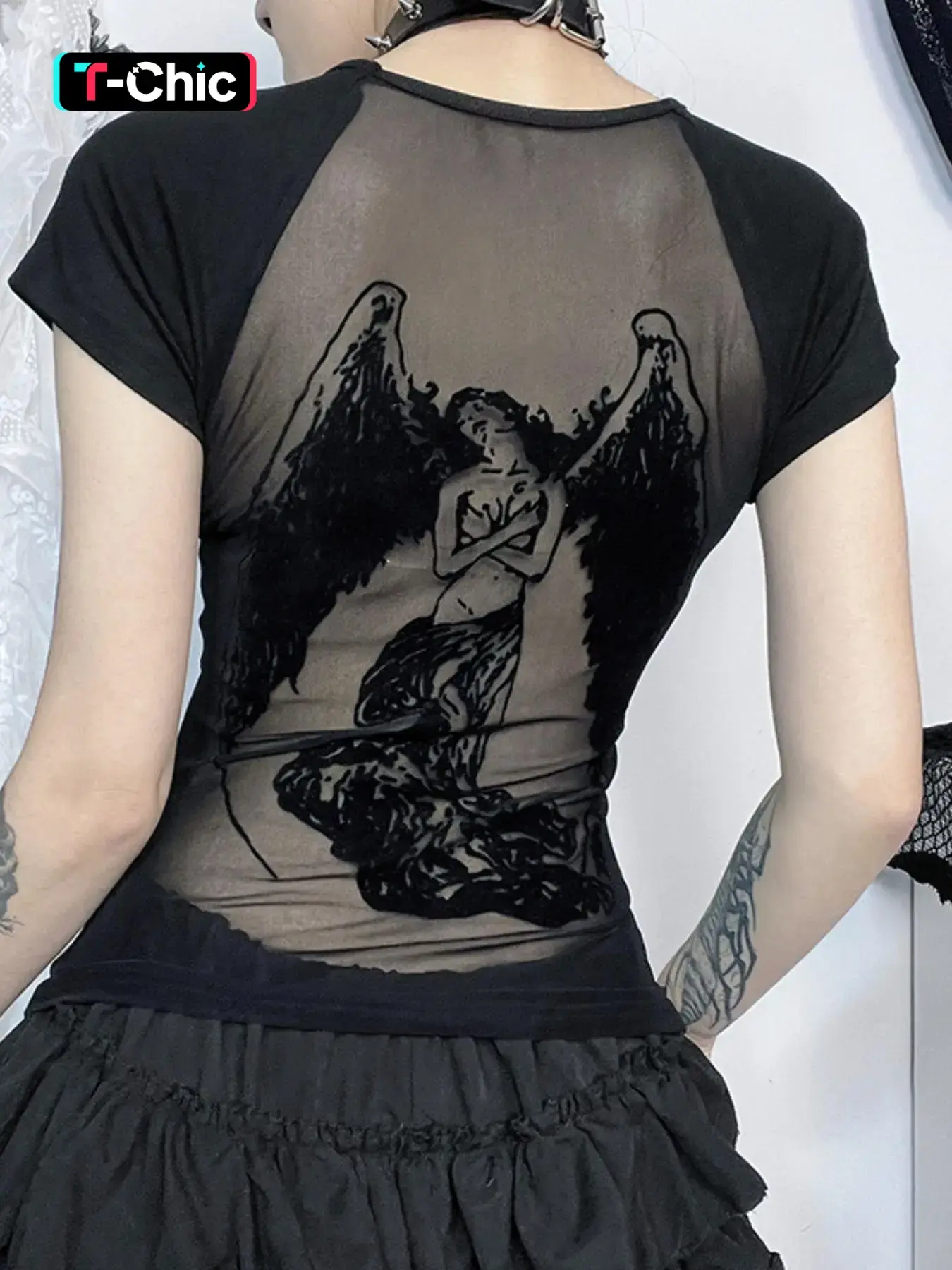 Women's Angel Print Contrast Mesh Soft Sheer Fabric Round Neck Crewneck Tee, Y2K Trendy Casual Raglan Sleeve T-shirt for Daily Wear, Ladies All Seasons Outfit, Casual Tops
