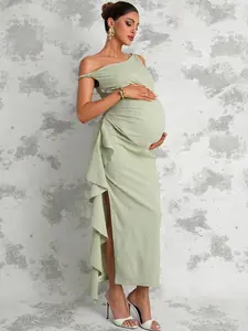 BELLAdresses Maternity Solid Color Asymmetric Shoulder Ruched Patchwork Ruffle Hem Side Slit Elegant Dress Pregnancy Photoshoot Sage Green Maternity Dress Pregnancy Dress For Photoshoot Baby Shower Elegant Dresses Wedding Guest Dress