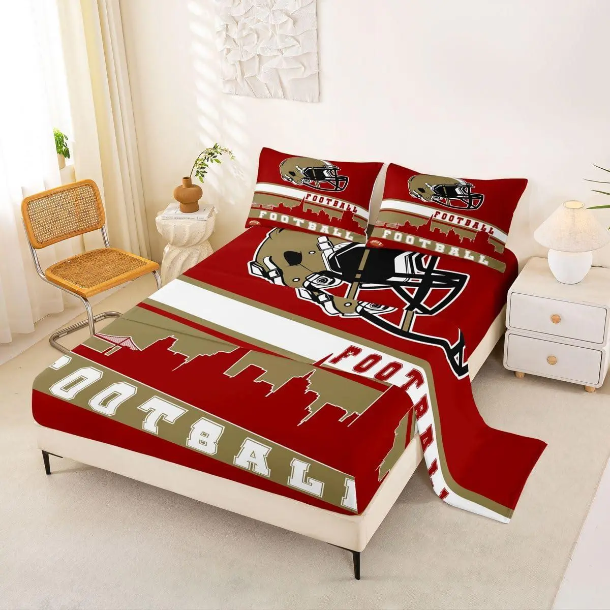 Feelyou Deep Red Football Themed Breathable Quick-Drying Microfibre Bedding Set - Deep Pockets Fitted Sheet, Machine Washable, King/Queen/Multi-Size Options, Ideal for Sports Enthusiasts, Great Gift for Friends