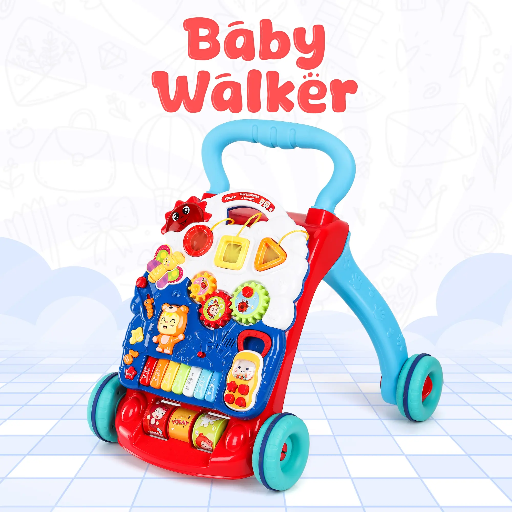 YOLAY Sit-to-Stand Premium Baby Walker with Wheels, Foldable 2-in-1 Push Toy, Detachable Play Panel, Early Learning Activity Center for 6-12M –Blue, Yellow and Greem-Musical Activity Walker for Babies