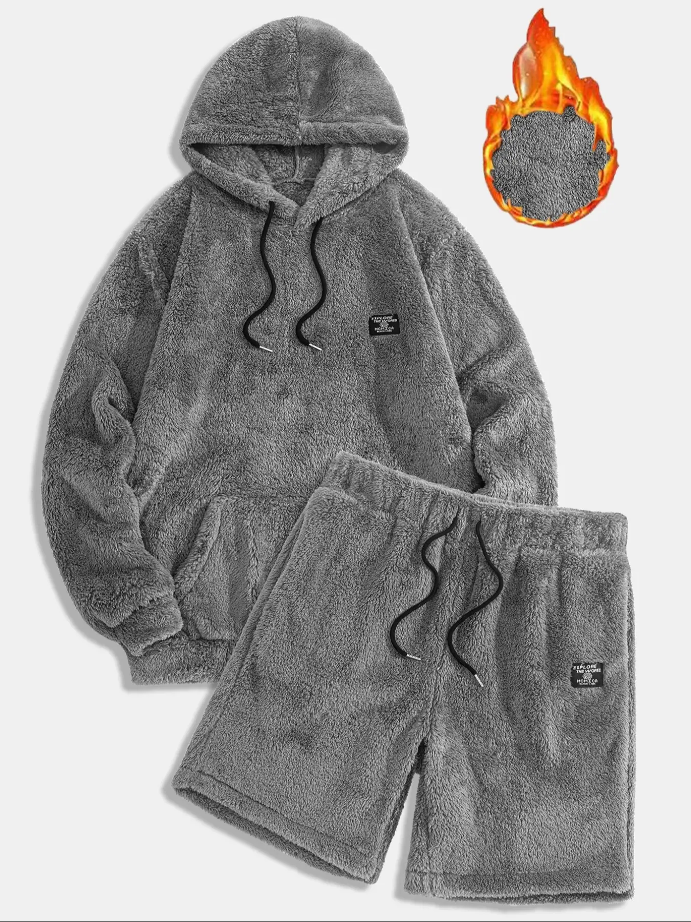 Men's Plush Hoodie & Shorts Set, Soft Breathable Warm Comfortable Fabric, Fashion Casual Sportswear, Athleisure Sweatsuit, Winter Wear for Men, Hooded Tracksuit Set, Streetwear Tracksuit Set, Casual Sporty Set, Sporty Outfit