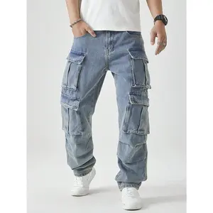 Men's Casual Washed Straight Leg Cargo Jeans Menswear Viscose baggy jeans men Pants Denim Streetwear Trouser Fabric