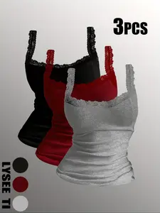 Women's Contrast Lace Tank Top, Casual Comfy Breathable Sleeveless Top, Ladies Clothing for All Seasons