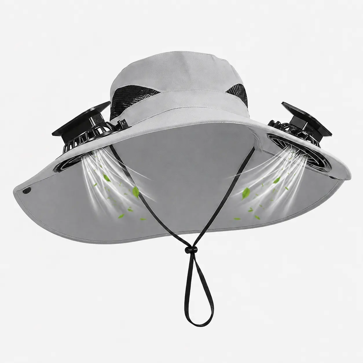 Solar Powered Dual-Fan Mesh Fabric Hat for Men, USB-Rechargeable Wide Brim Breathable Hat with Adjustable Strap, Dry Wipe for Fishing, Summer Outdoor Activities, Dual Fans