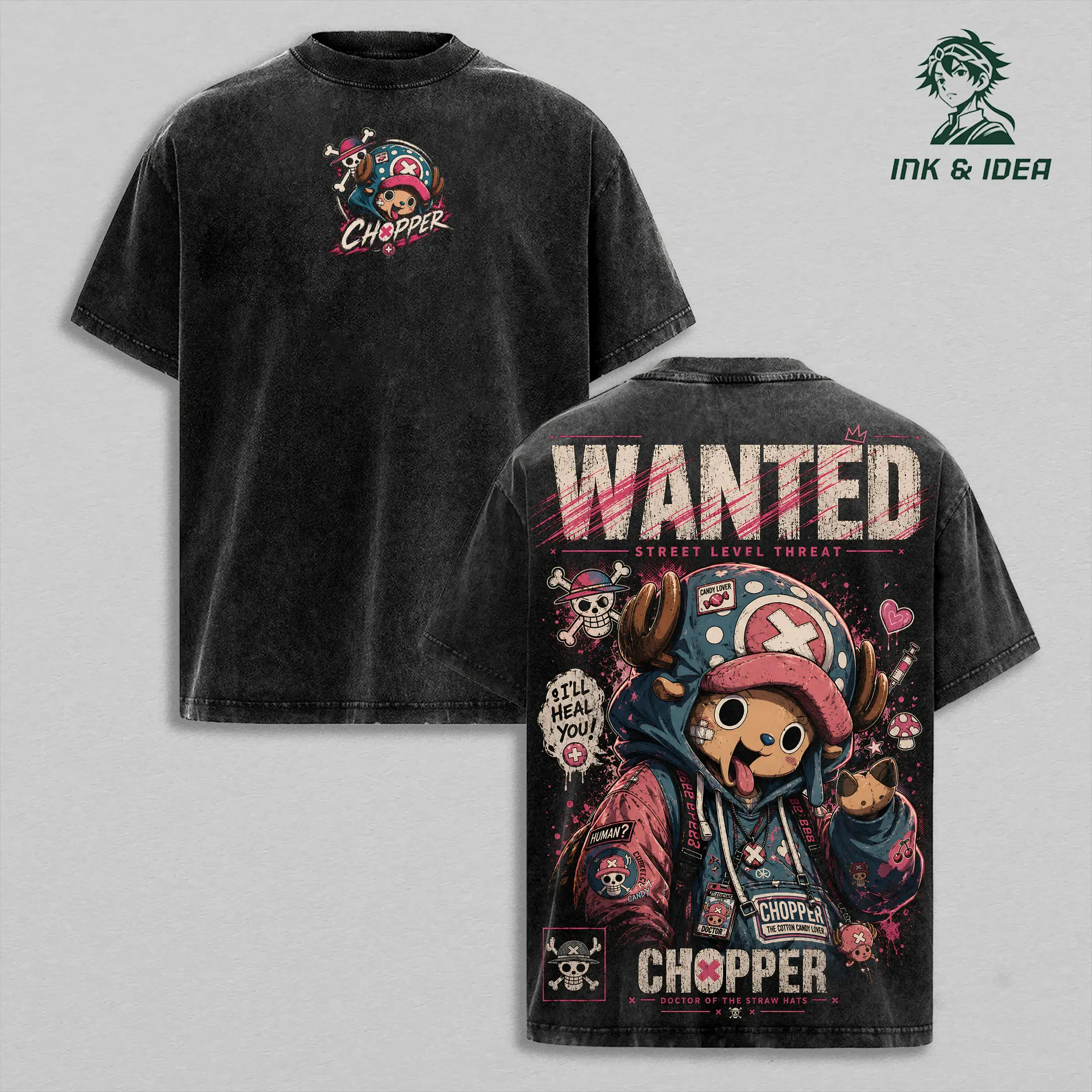 Men's Chopper Graphic Tee in Vintage Washed Heavyweight Cotton, Stylish Oversized Retro Shortsleeve Top for Anime Fans, Tops, Menswear, Streetwear, Vintage Retro, Heavy Cotton