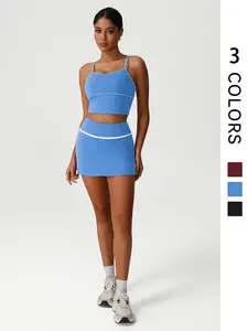 Two-Piece Women's Yoga Set, Contrast Color Adjustable Strap Sports Vest & Quick-Dry High-Waist Sexy Small Slit Anti Slip Underwear Yoga Skirt