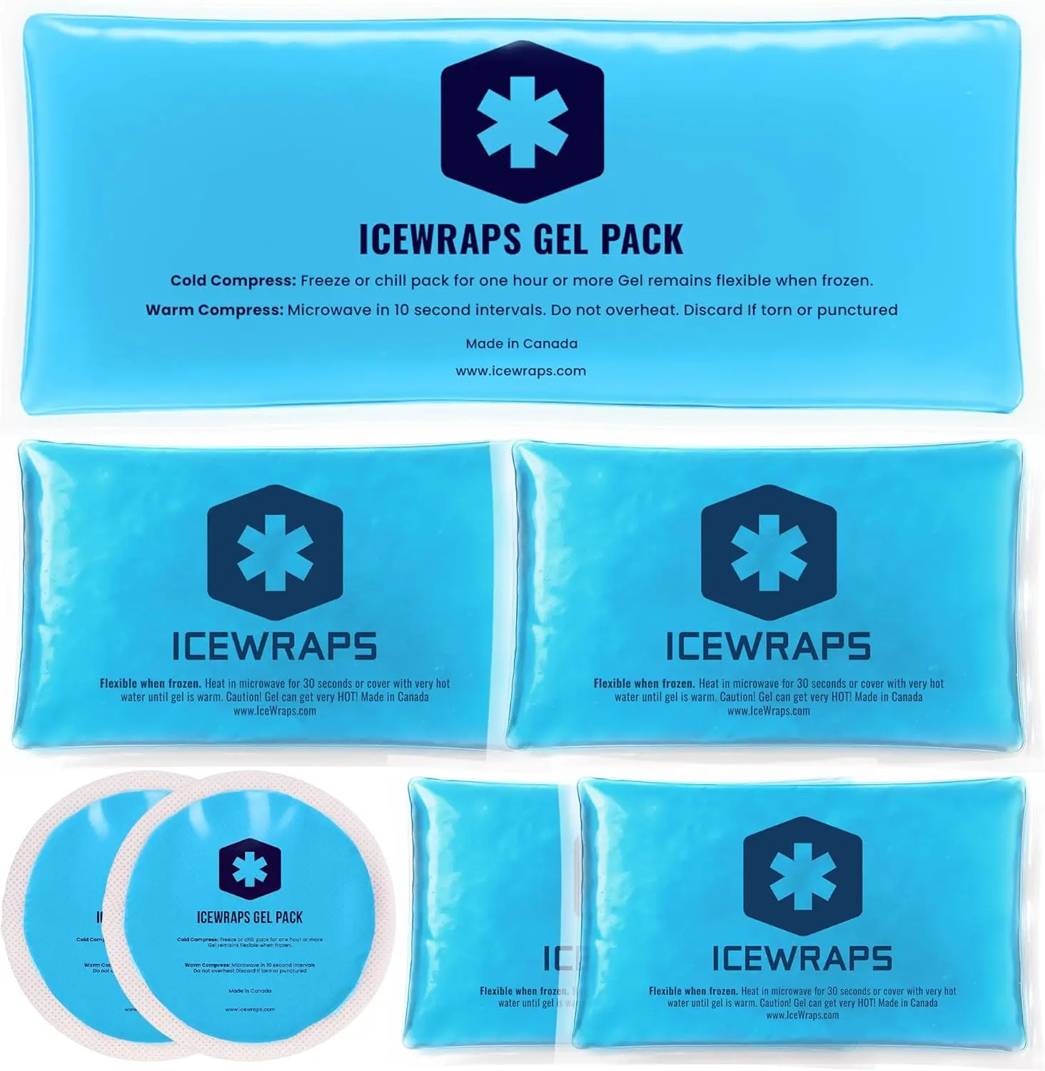 ICEWRAPS Reusable Multipurpose Gel Ice Packs (4 Sizes, 7-Pack Set A) - Hot Cold Relief for Adults' Injuries, Muscle & Joint Pain