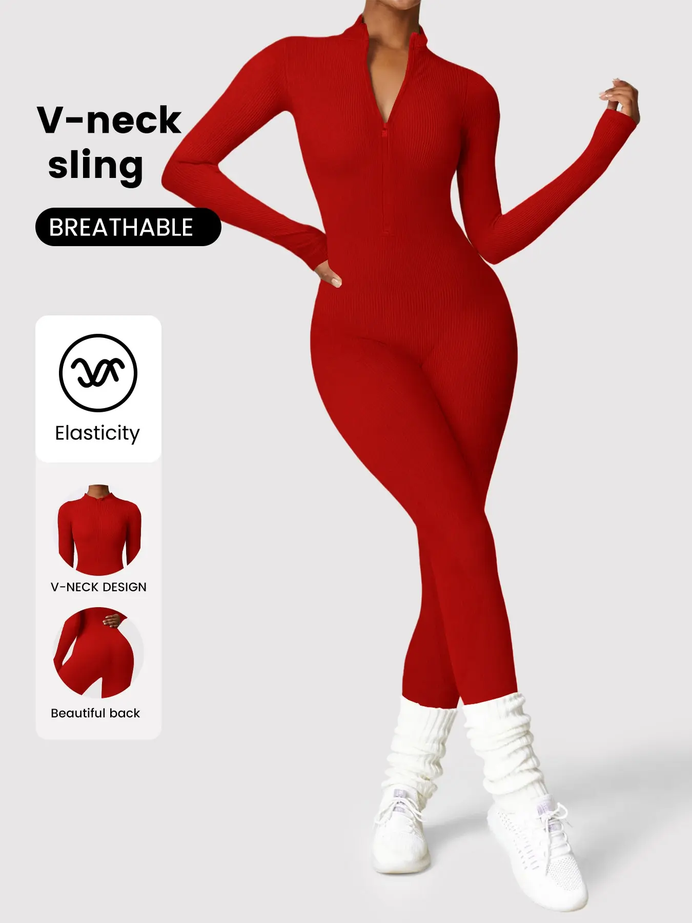 Women's Solid Color Zipper Long Sleeve Jumpsuit, Tight Fitting Jumpsuit, Casual Sporty Comfortable One-Piece, Perfect for Yoga Gym Exercise, All Seasons Women's Sports Wear, Stretchy Jumpsuit, Activewear Jumpsuit, Yoga Workout Jumpsuits
