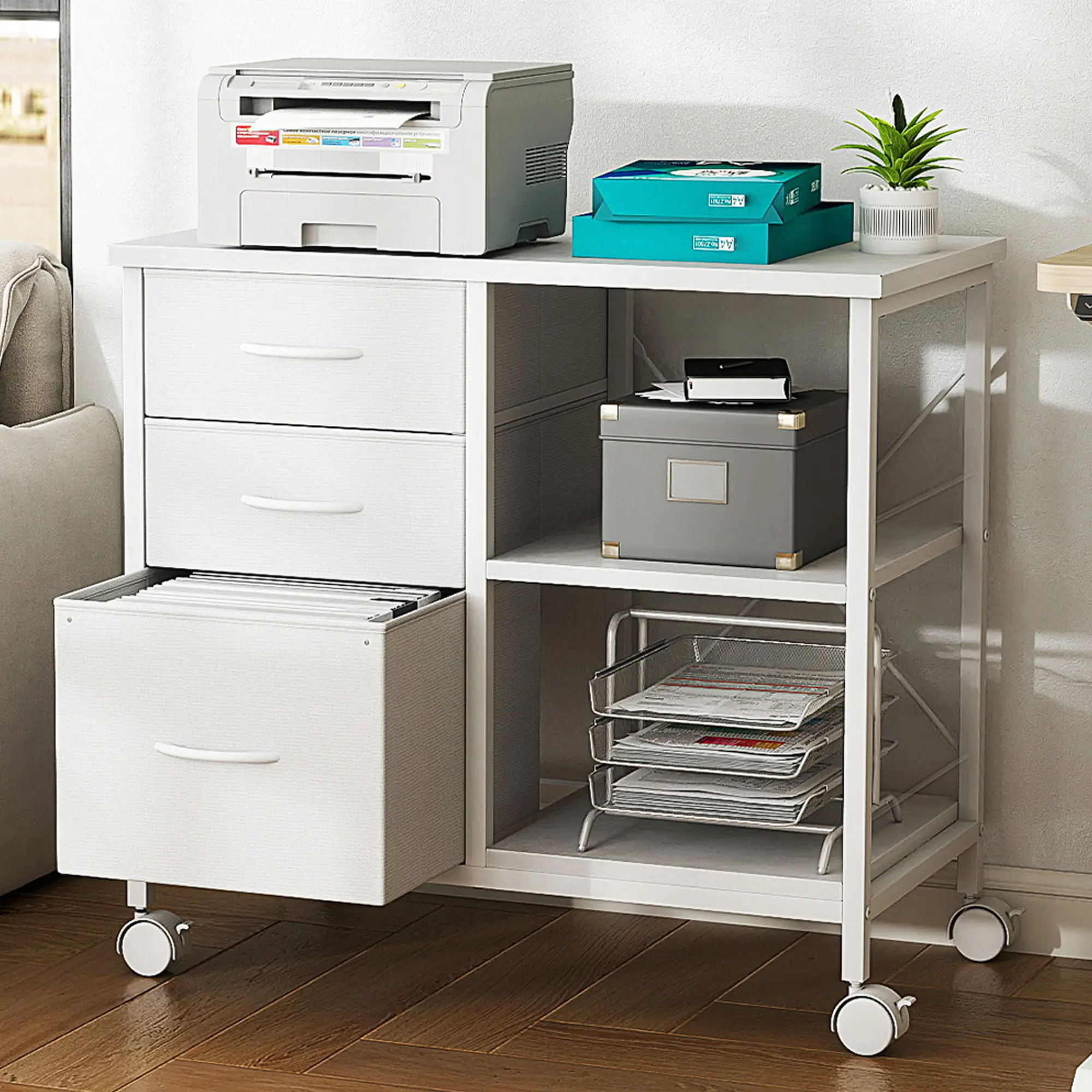 Black 3-Drawer Rolling Mobile Filing Cabinet with Wheels, Durable Steel-Wood Frame, Reinforced Back Bar, Smooth Fabric Drawers, Open Shelf, Printer Stand, Tool-Free Setup, 110lb Capacity, Office Table Compatible for Home Office