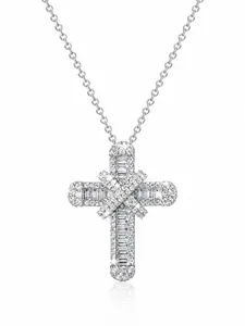 Men's Iced 925 Silver Color Cross Necklace, Elegant Geometric Design, Baguette Cz Pendant, All Seasons Jewelry, Plain Pattern, Statement Necklace