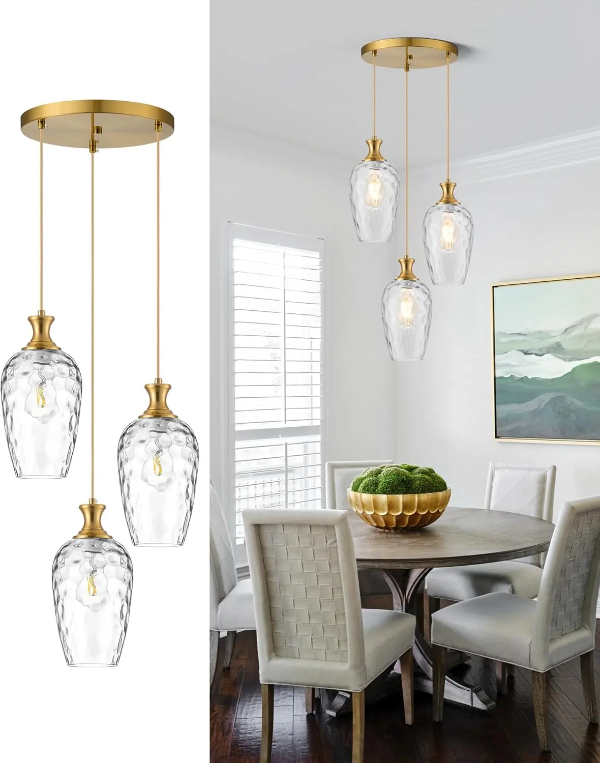 Modern Brushed Gold 3-Light Cluster Pendant - Hammered Glass Brass Hanging Fixture, Adjustable Chain, 120V 60W Line Voltage AC Power Supply, Indoor Home Improvement Light for Kitchen Island, Ceiling Spots