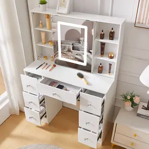 White Vanity Desk with Mirror and Lights, LED Vanity with Sliding Mirror, Makeup Vanity with 7 Drawers, 6 Storage Shelves for Bedroom Dressing Room, 55.2” beautiful