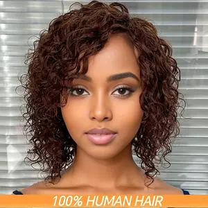 [Short Curly Wig] Human Hair Short Curly Wigs - Chocolate Brown Pixie Cut, # 4 Water Wave Curl, Glueless Full Machine Made for Women, Soft & Natural Appearance