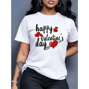 100% cotton, women's Valentine's Day pattern T-shirt, red glitter heart arrow design |         Casual short-sleeved T-shirt, very suitable for Valentine's Day celebrations and gifts for girlfriends and lovers