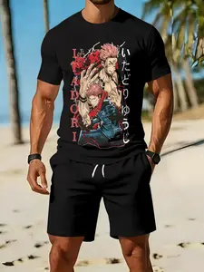Men's 3D digital printed two-piece set with anime character print, 2Pcs, trendy fashion suit, trendy retro casual two-piece outfit, resort-style trendy wear, breathable sports and casual style, an ideal holiday gift for men