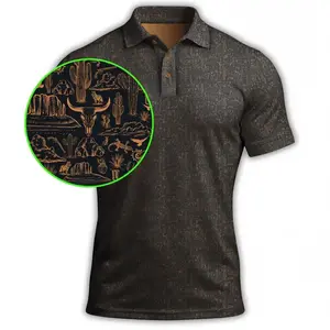 Black Copper Golf Polo Shirt, Desert Pattern Outdoor Polo for Men