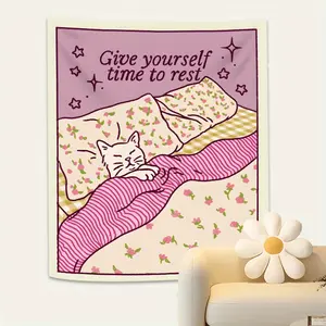 Chic Pink Cat Tapestry Wall Hanging with "Give Yourself Time to Rest" Quote - Cozy Floral & Striped Design, Durable Fade-Resistant Polyester for Bedroom, Living Room, Dorm Decor, Cat Decor, Bedroom Accent Piece, Playful Design, Polyester Tapestry,