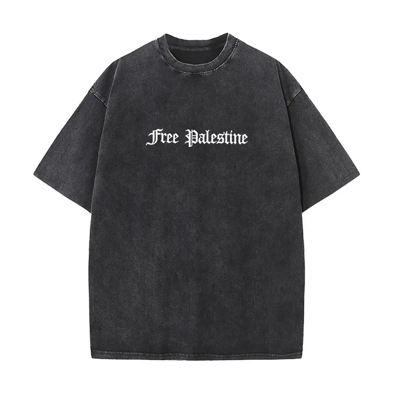 Unisex Soft Mineral Wash Cotton T-Shirt, Short Sleeve Round Neck Vintage Fit Streetwear Top with 'Free Palestine' Embroidery