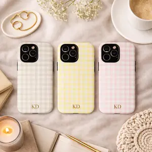 Personalized Gingham Phone Case Monogram Gold Initials, iPhone 17 16 15 14 13 Pro Max Plus Air, Galaxy S25 S24 S23 S22 S21 Google Pixel 9 8